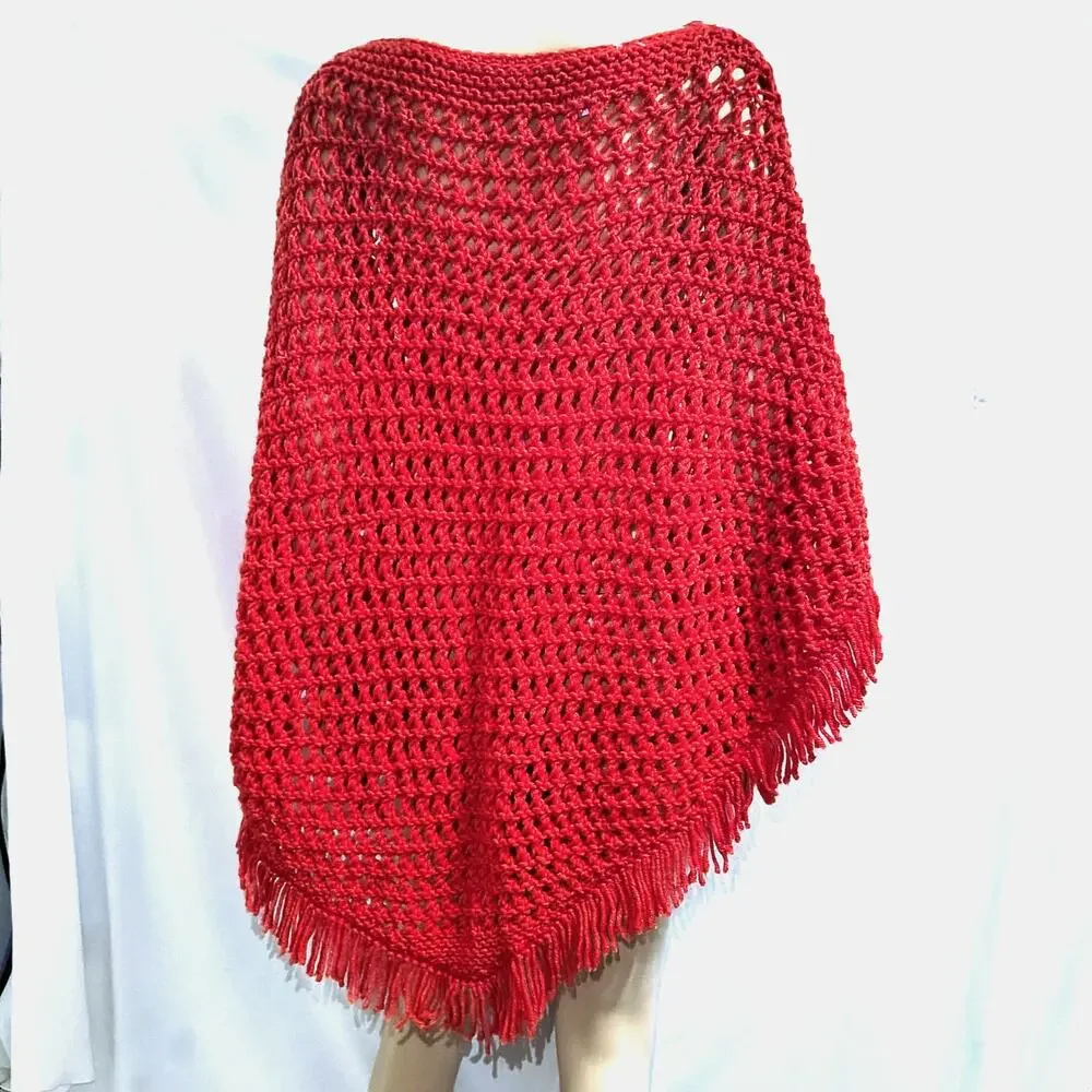 70s Crochet Poncho Red Fringe Boho Festivals Caplet Grannycore Cottagecore Knit